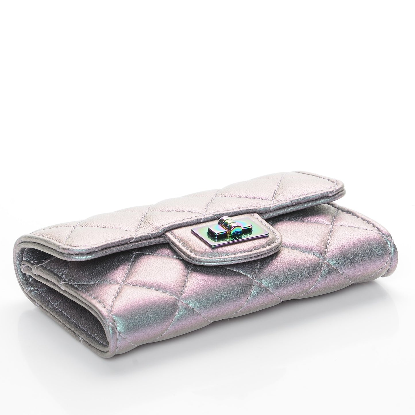 Iridescent Lambskin Quilted Reissue Flap Card Holder Light Purple