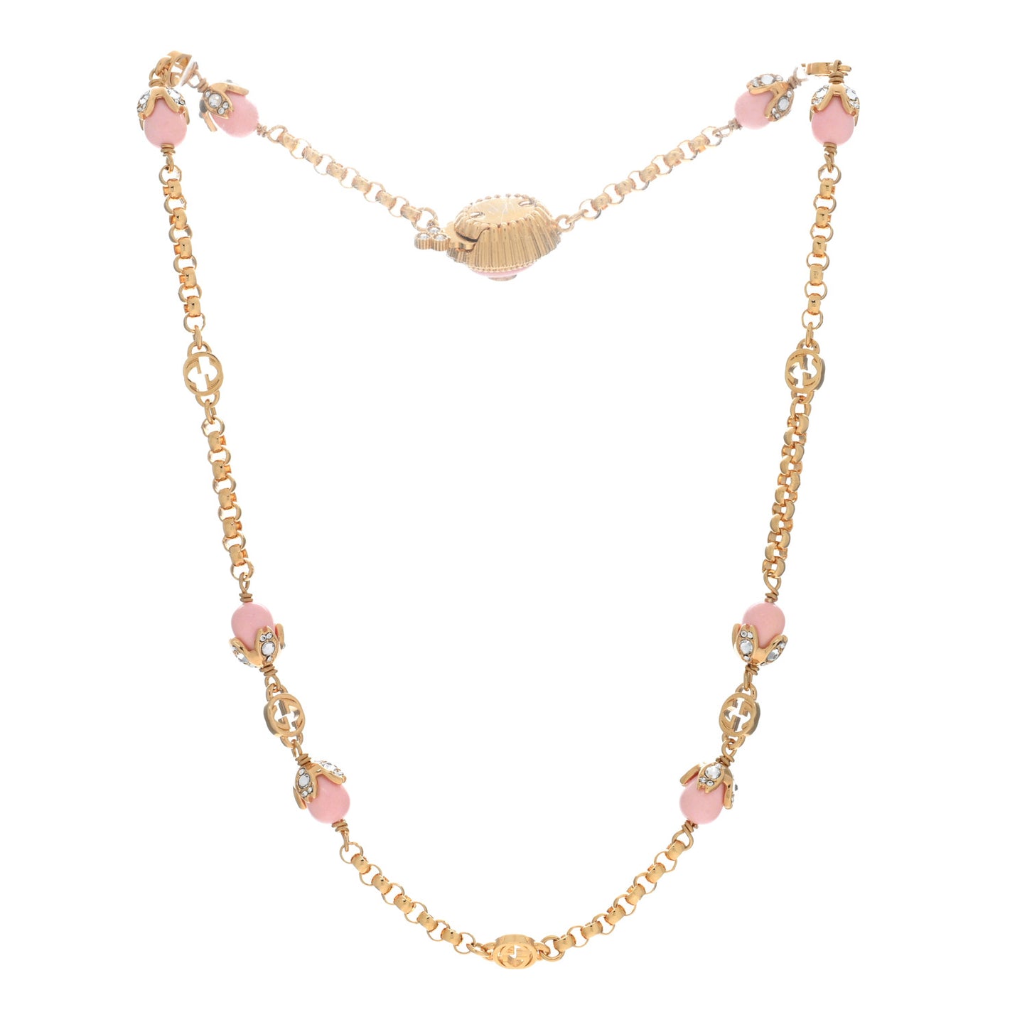 Pearl Crystal Embellished Interlocking G Necklace Pink Aged Gold
