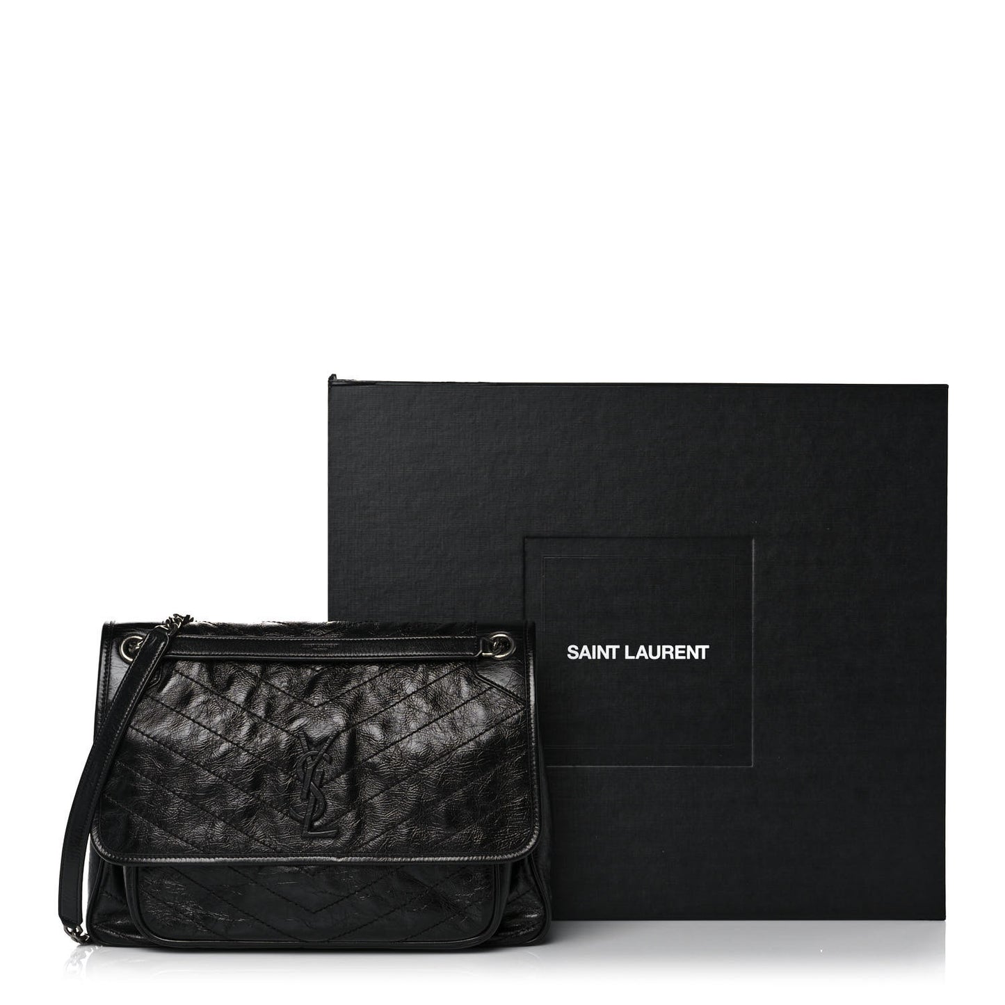 Crinkled Calfskin Matelasse Monogram Large Niki Chain Satchel Black