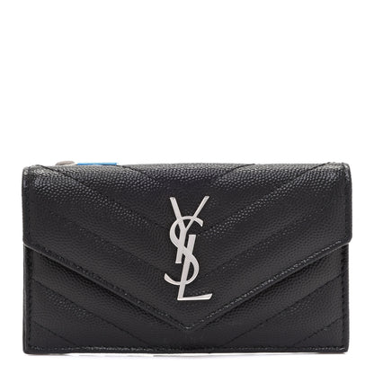 Saint Laurent Grain De Poudre Matelasse Chevron Monogram Compact Wallet Black 1 of 8