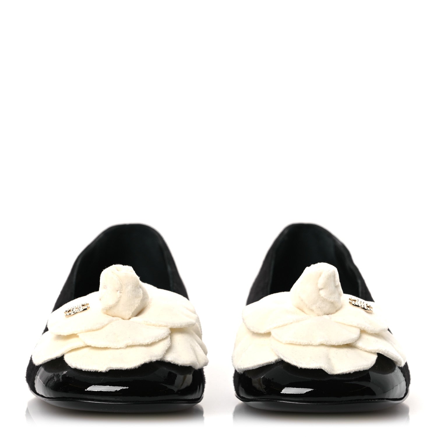 Chanel Suede Patent Cap Toe Camellia Ballerina Flats 37.5 Black White 3 of 10