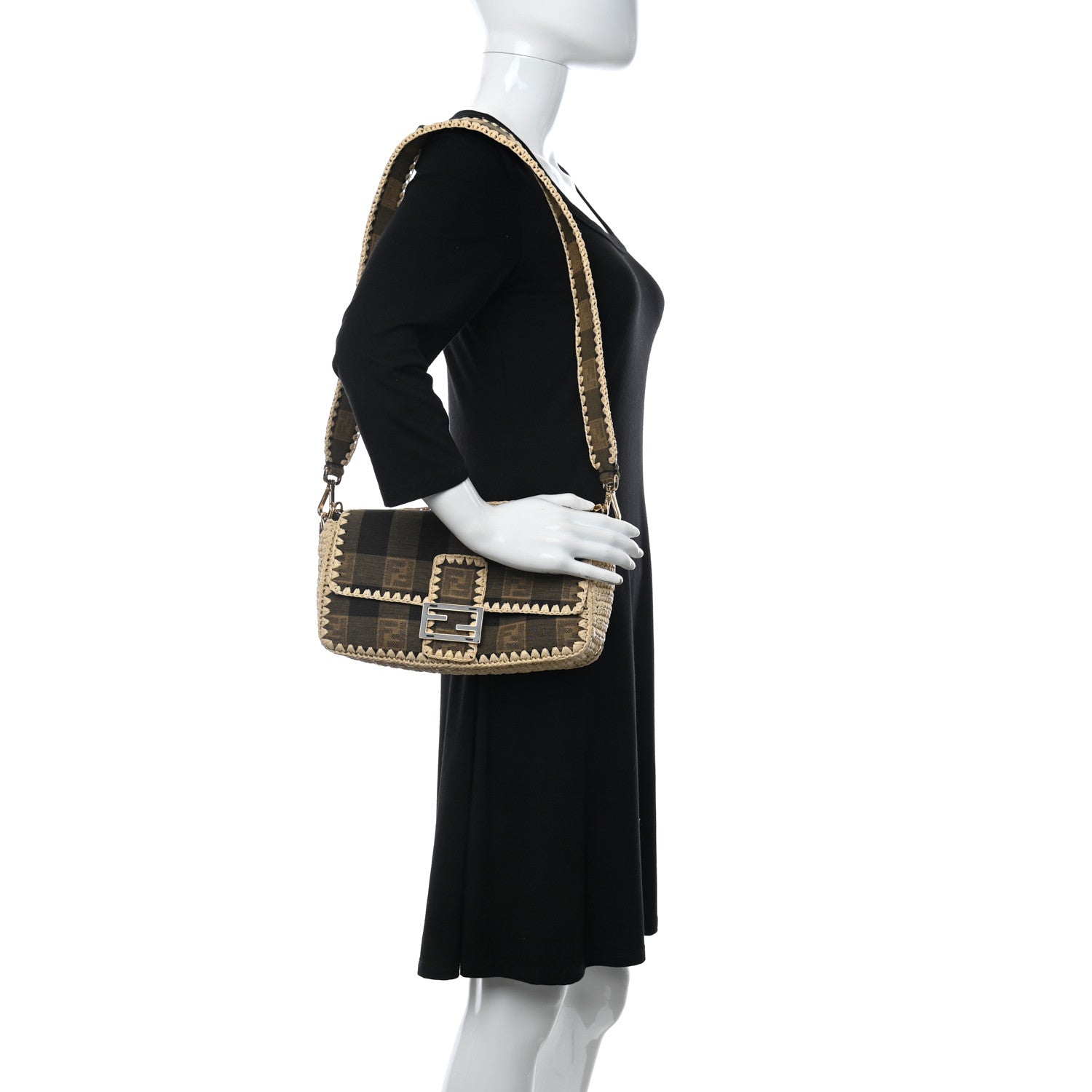 Fendi Fabric Jacquard Raffia Straw Pequin Gingham Woven Baguette Beige Black Natural 2 of 9