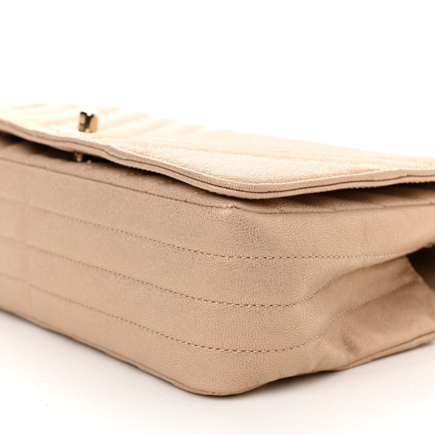 Metallic Caviar Chevron Quilted Medium Statement Flap Beige