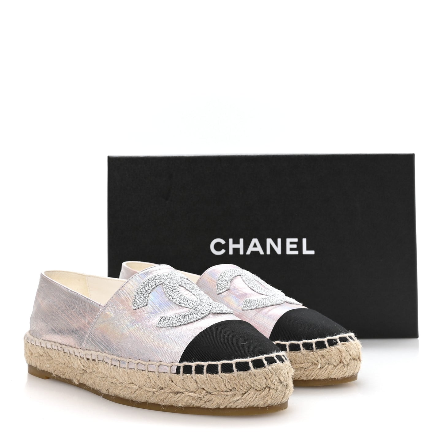 Laminated Lambskin Grosgrain Embroidered CC Espadrilles 36 Pink Silver Black