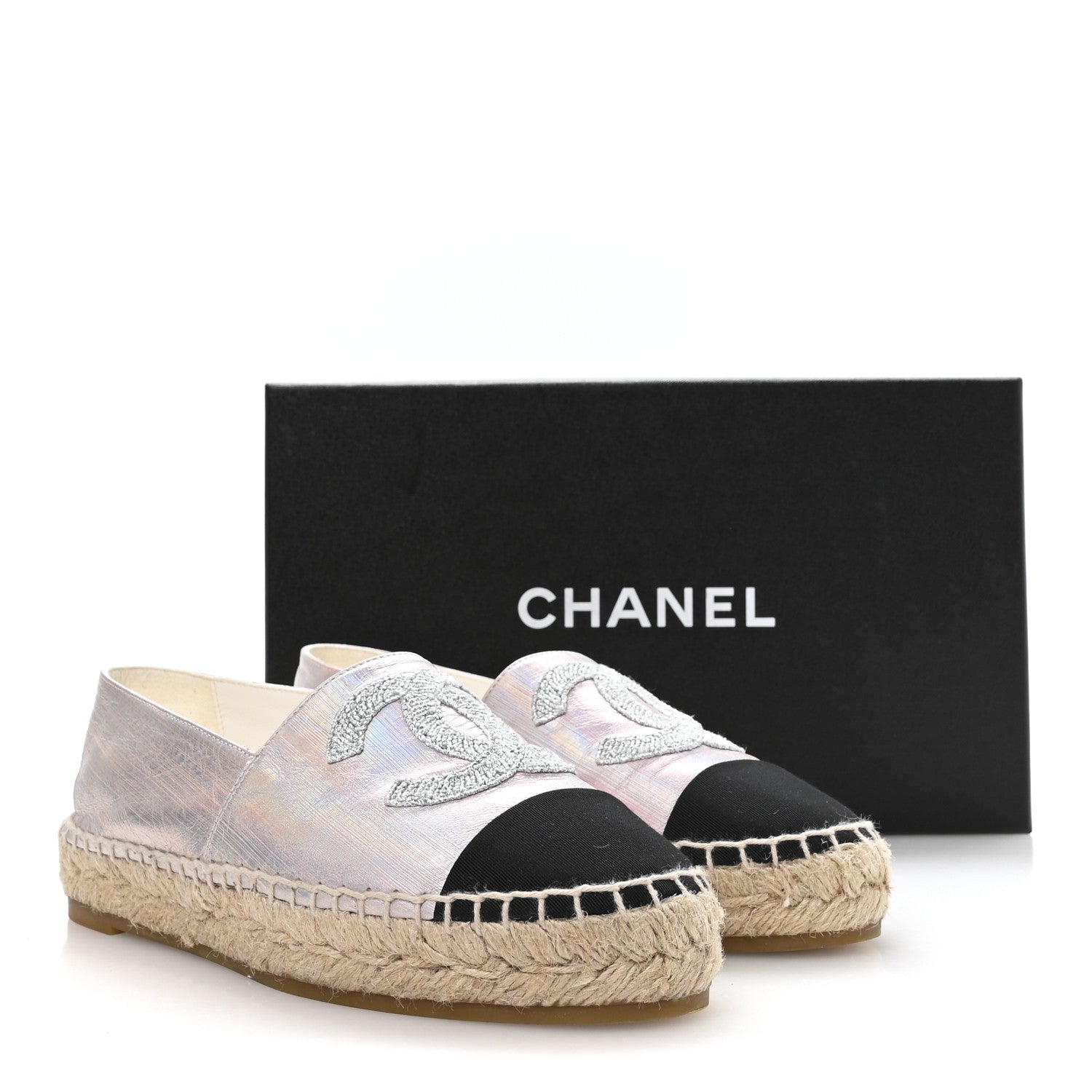 Chanel Laminated Lambskin Grosgrain Embroidered CC Espadrilles 36 Pink Silver Black 9 of 9