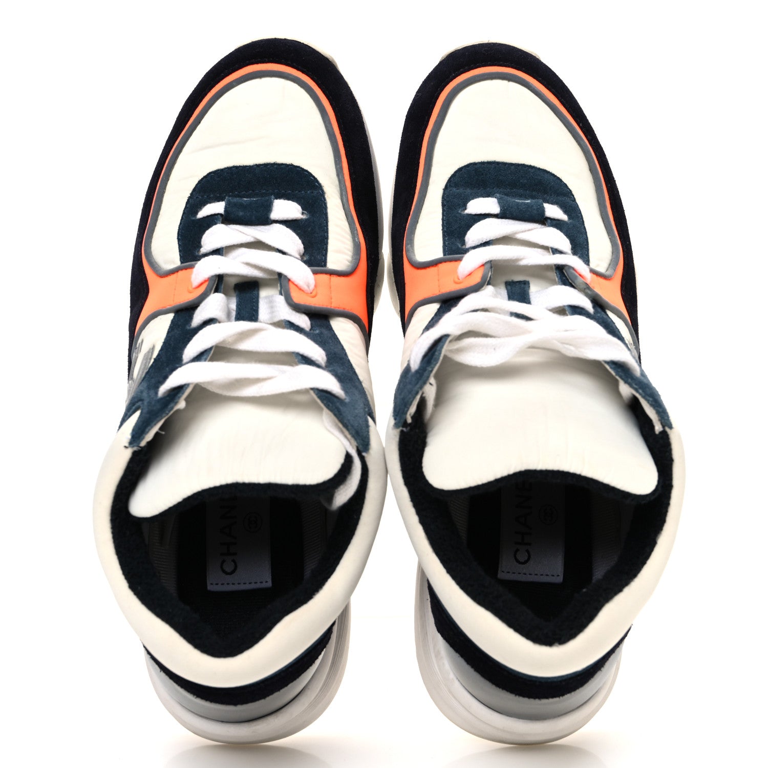 Chanel Nylon Calfskin Suede CC Womens Sneakers 38.5 Navy White Orange 2 of 12
