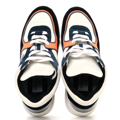 Chanel Nylon Calfskin Suede CC Womens Sneakers 38.5 Navy White Orange 2 of 12