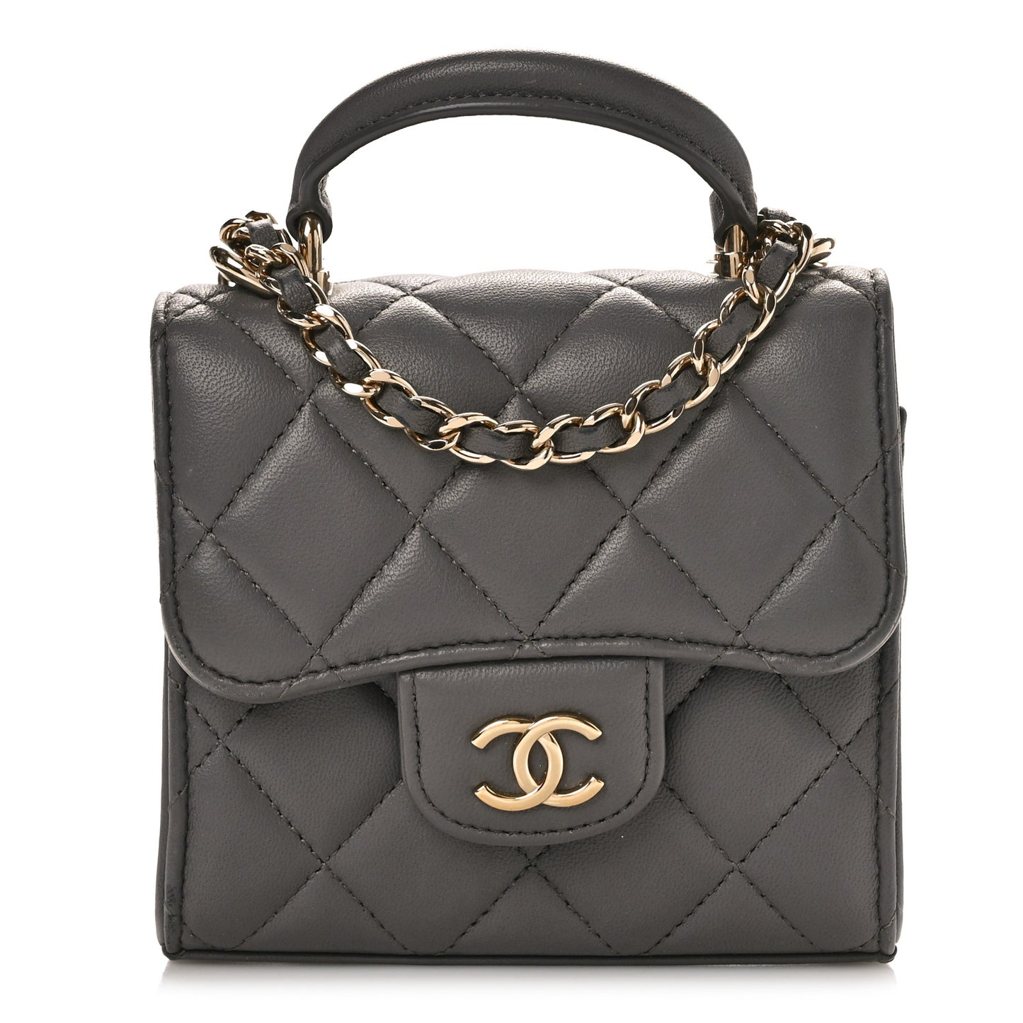 Lambskin Quilted Top Handle Flap Clutch With Chain Grey
