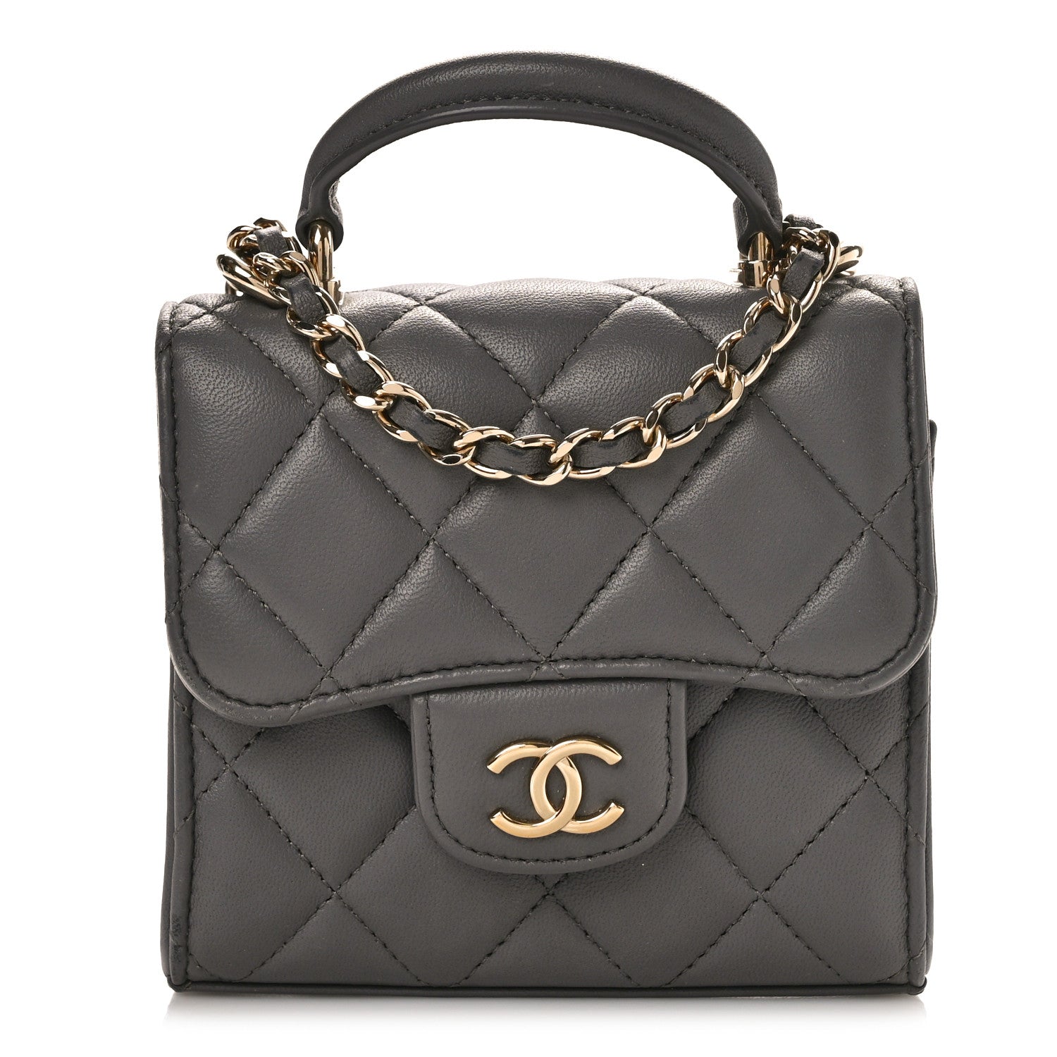 Chanel Lambskin Quilted Top Handle Flap Clutch With Chain Grey 1 of 11