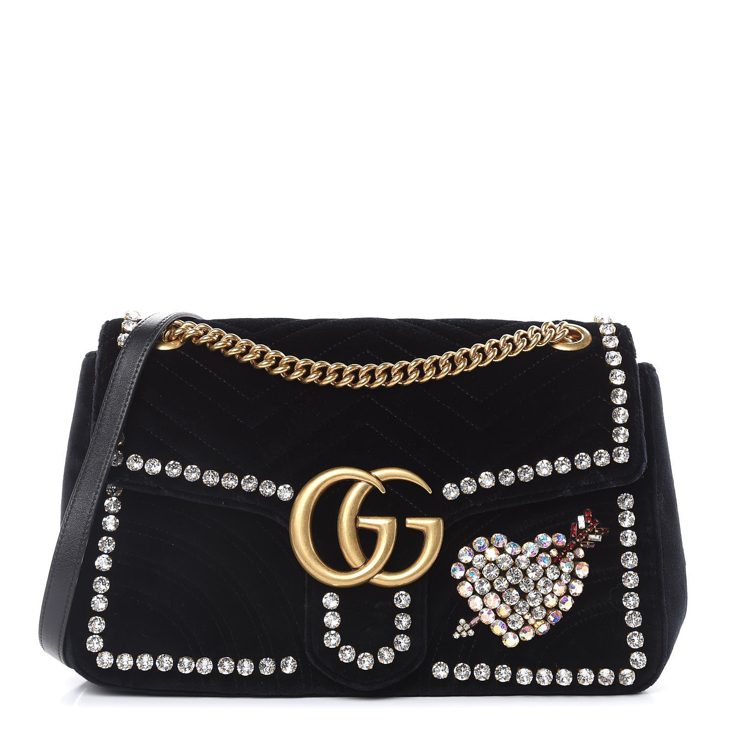 Gucci Velvet Matelasse Crystal Medium GG Marmont Shoulder Bag Black 1 of 11