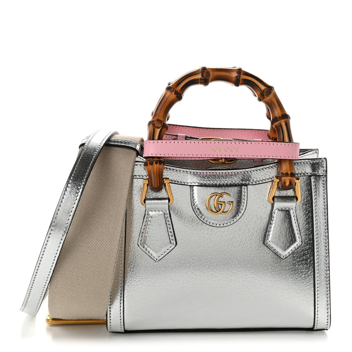 Textured Calfskin Mini Diana Tote Bag Silver Sugar Pink