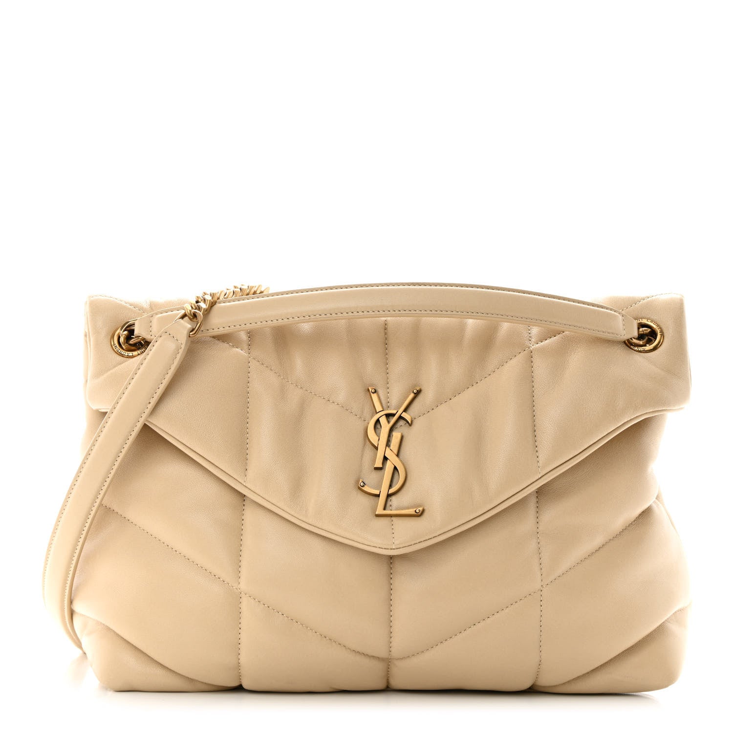 Saint Laurent Lambskin Quilted Medium Loulou Puffer Monogram Chain Satchel Dark Beige 1 of 12