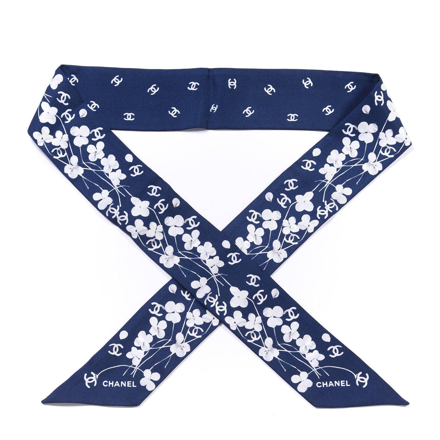 Chanel Silk CC Slim Bandeau Scarf Blue Ecru 1 of 3