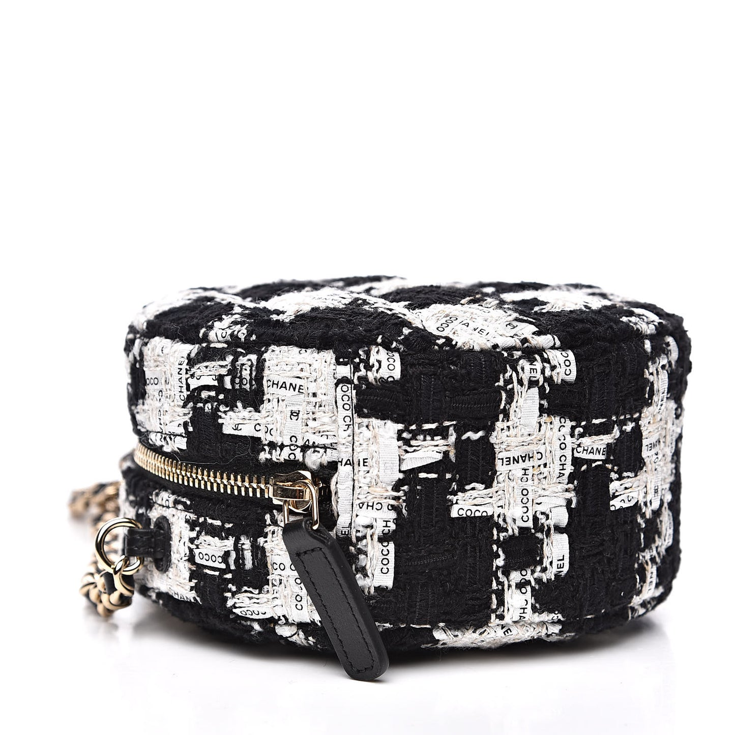 Tweed Round Clutch With Chain Black White