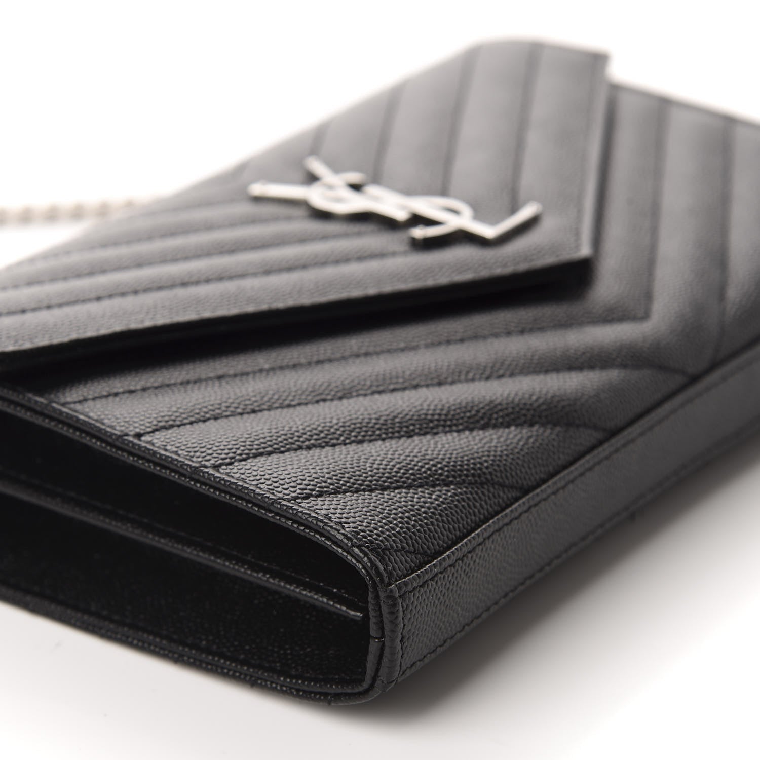 Saint Laurent Grain De Poudre Matelasse Chevron Monogram Chain Wallet Black 6 of 12