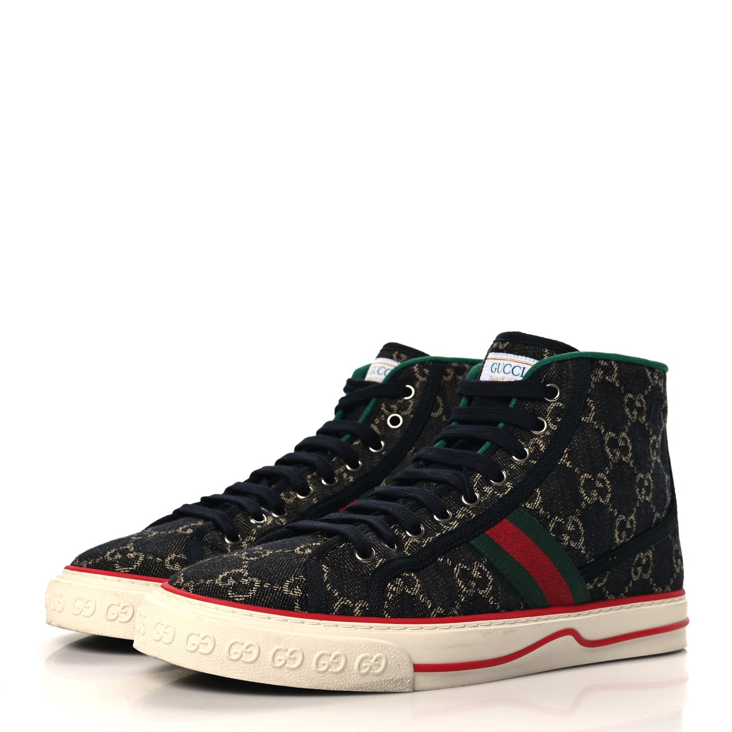 New Denim GG Monogram Web Mens 1977 Tennis High Top Sneakers 7.5 Black Ivory