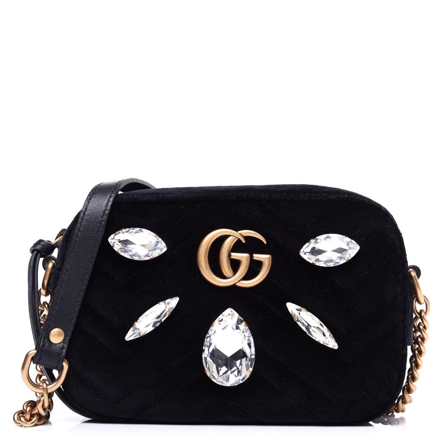 Gucci Velvet Matelasse Marquise Crystals Mini GG Marmont Chain Shoulder Bag Black 1 of 10