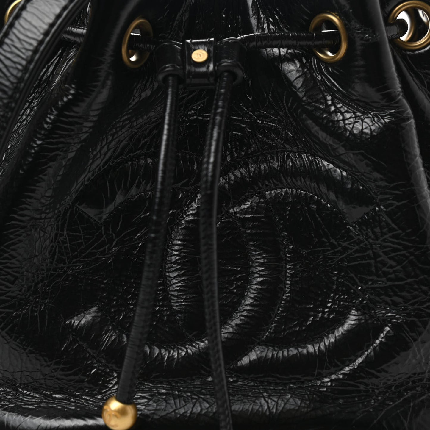 Shiny Aged Calfskin CC Chain Mini Drawstring Bag Black