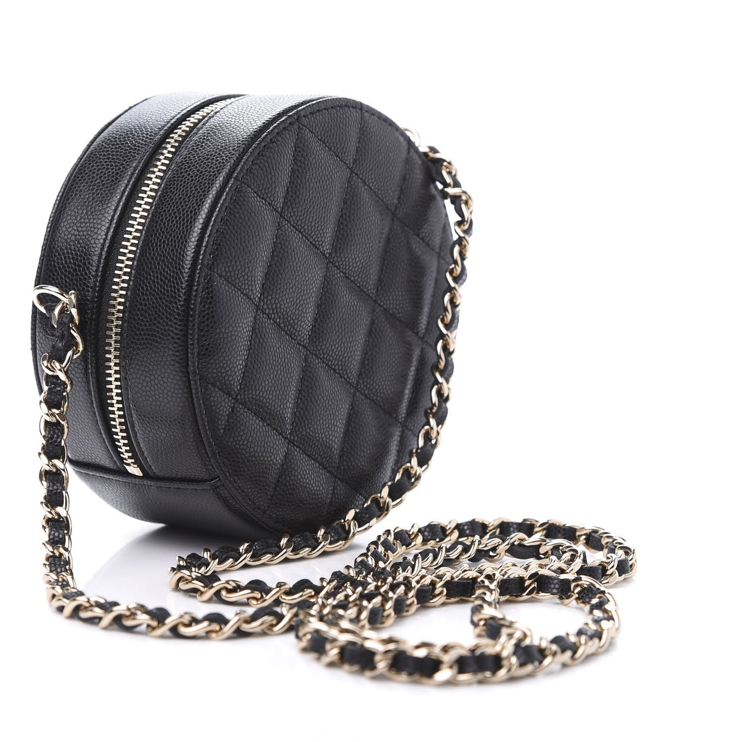 Caviar Quilted French New Wave Round Clutch With Chain Black
