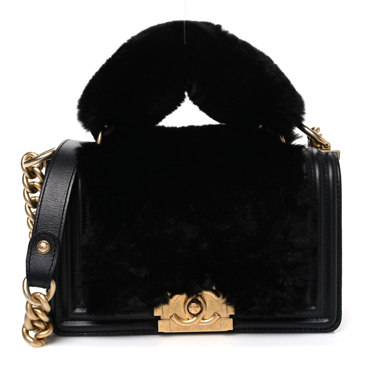 Orylag Rabbit Fur Calfskin Small Top Handle Boy Flap Black