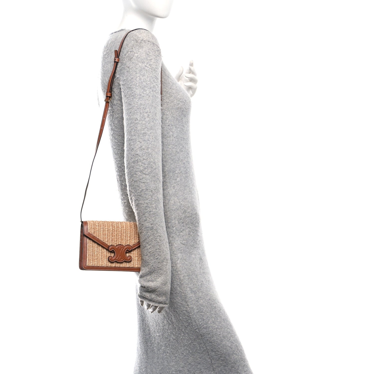 Celine Raffia Calfskin Triomphe Wallet on Strap Natural Tan 2 of 9
