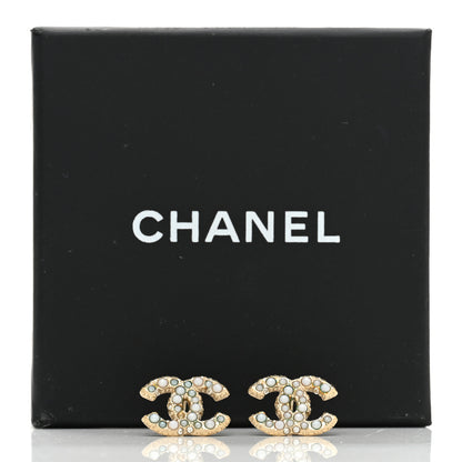 Chanel Metal Graduated Pearl Crystal CC Earrings Light Gold 5 of 5