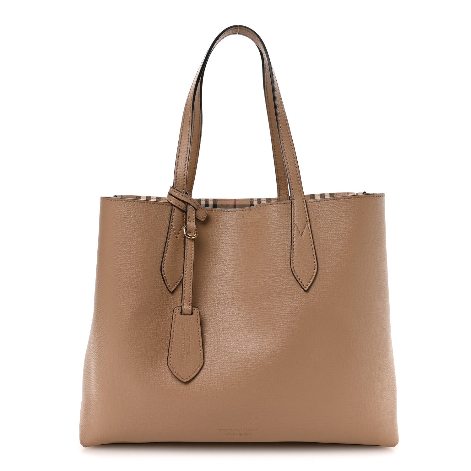 Burberry Grainy Calfskin Haymarket Check Medium Reversible Tote Camel 3 of 18