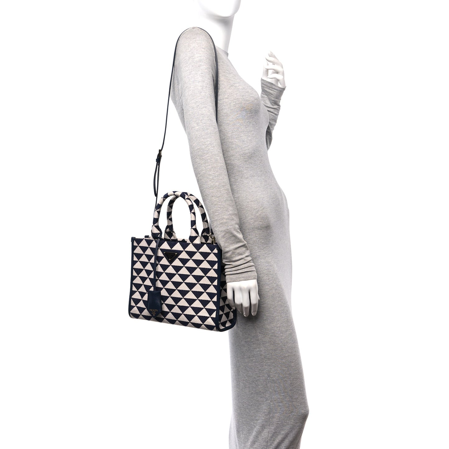 Jacquard Saffiano Triangolo Symbole Embroidered Small Tote Baltico Talco