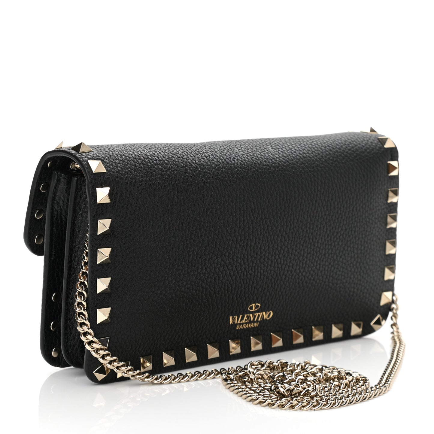 Pebbled Calfskin Rockstud Flap Wallet On Chain Black