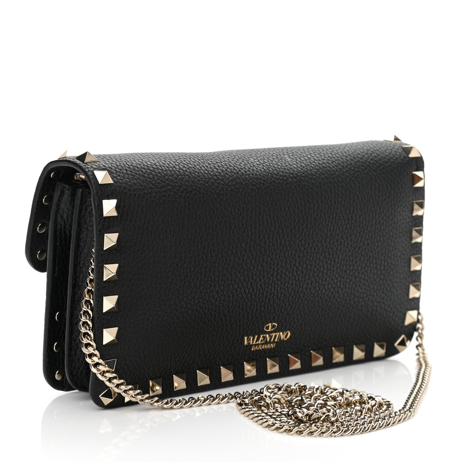 Valentino Garavani Pebbled Calfskin Rockstud Flap Wallet On Chain Black 3 of 9