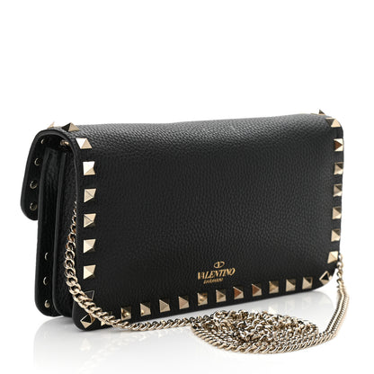 Valentino Garavani Pebbled Calfskin Rockstud Flap Wallet On Chain Black 3 of 9