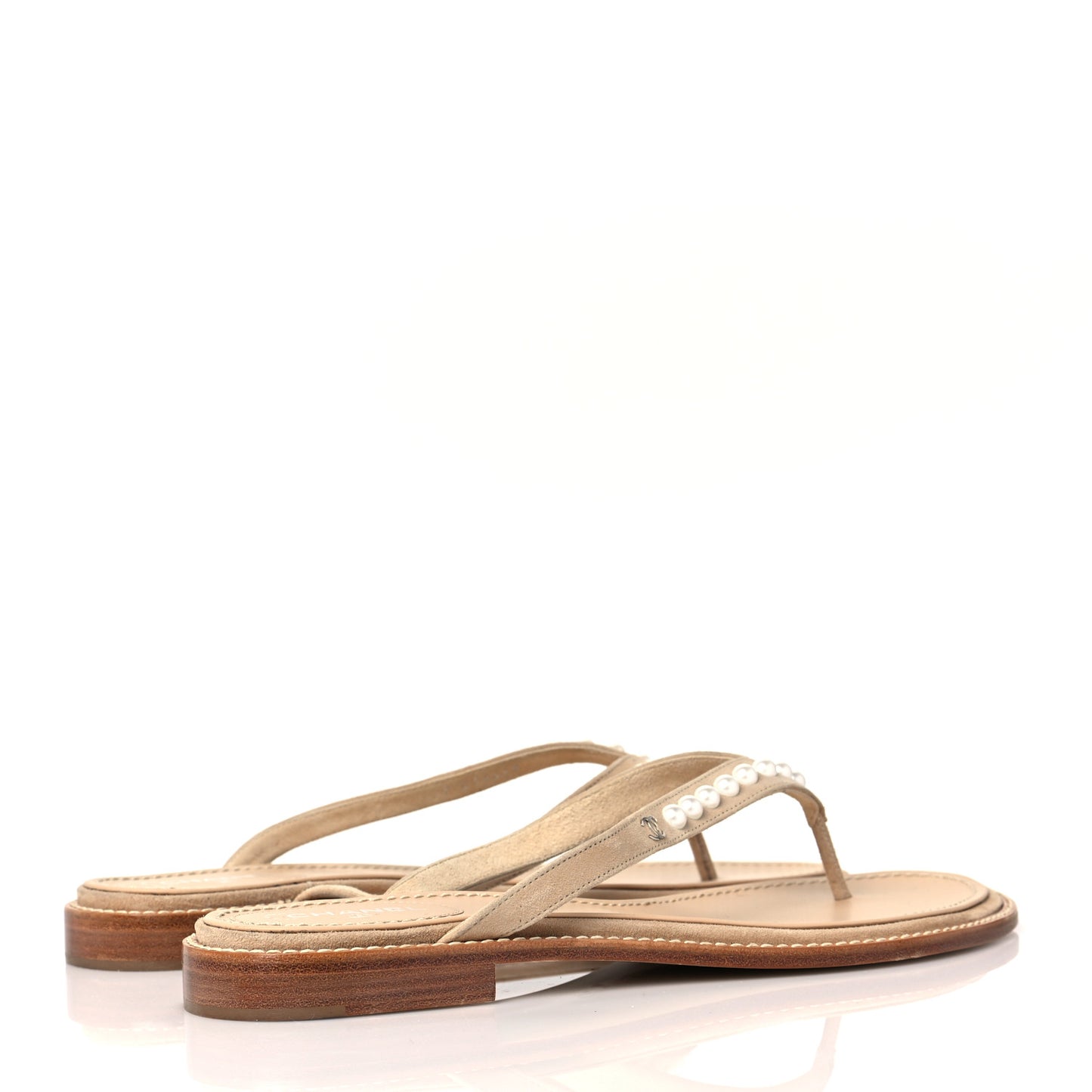 Suede Pearl Thong Sandals 41 Beige