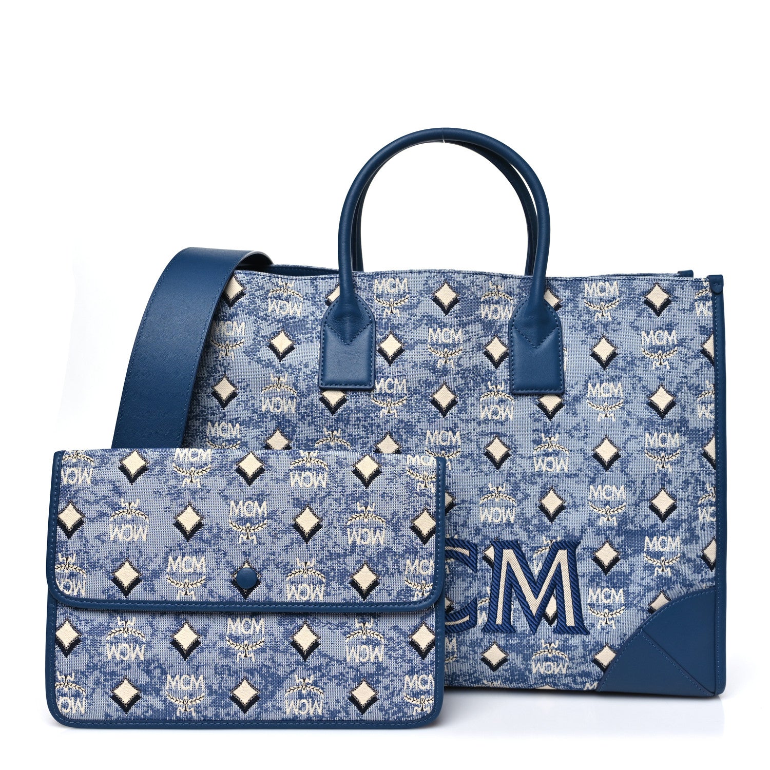 MCM Jacquard Monogram Munchen Extra Large Tote Blue 3 of 11