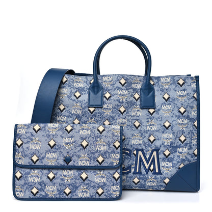 MCM Jacquard Monogram Munchen Extra Large Tote Blue 3 of 11