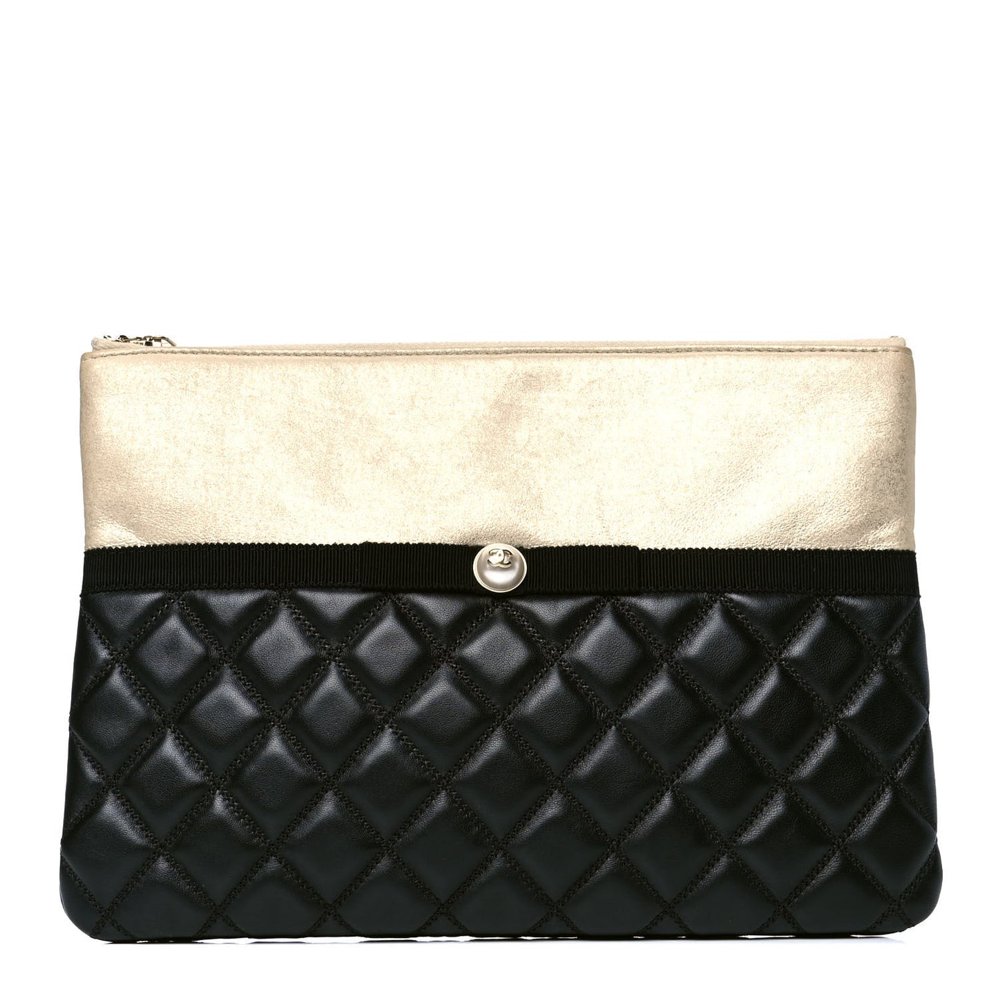 Metallic Goatskin Lambskin Grosgrain Pearl CC Medium Cosmetic Case Black Gold