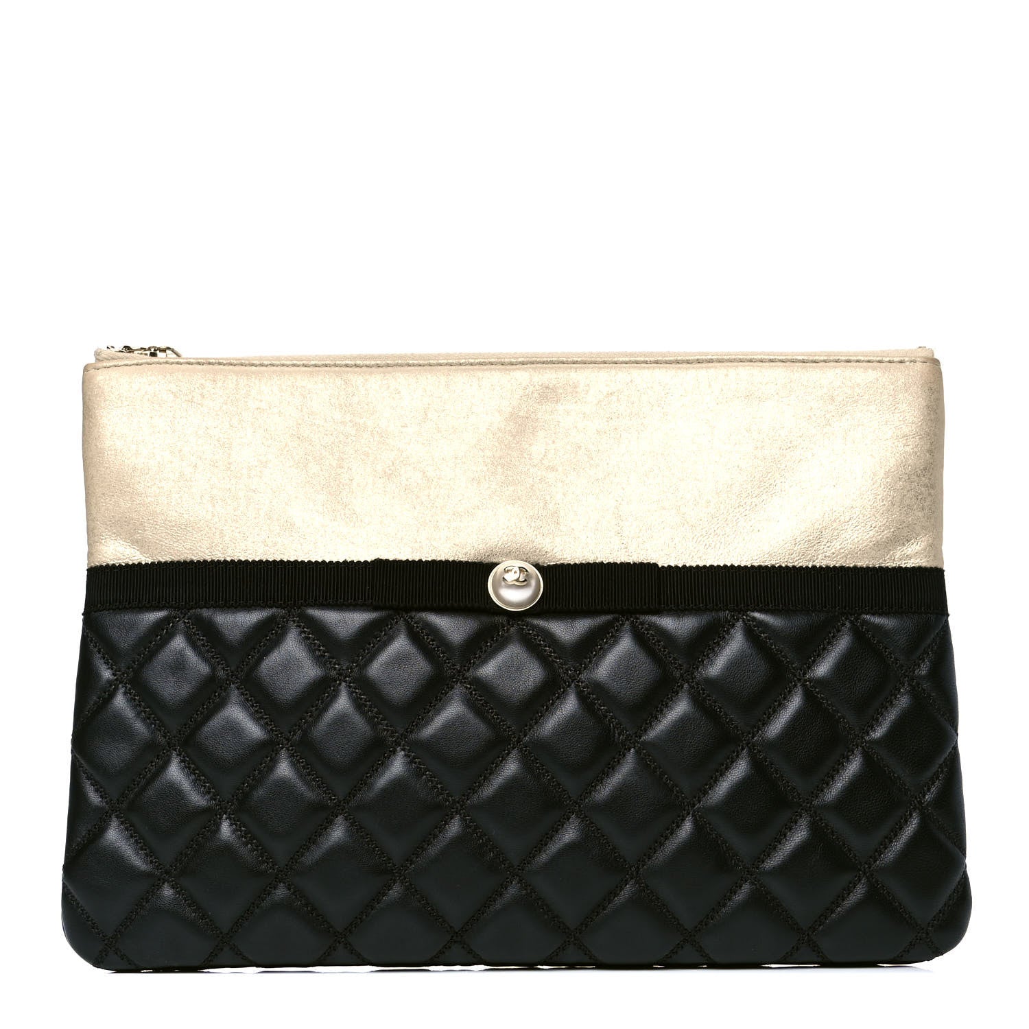 Chanel Metallic Goatskin Lambskin Grosgrain Pearl CC Medium Cosmetic Case Black Gold 1 of 4