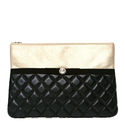 Chanel Metallic Goatskin Lambskin Grosgrain Pearl CC Medium Cosmetic Case Black Gold 1 of 4