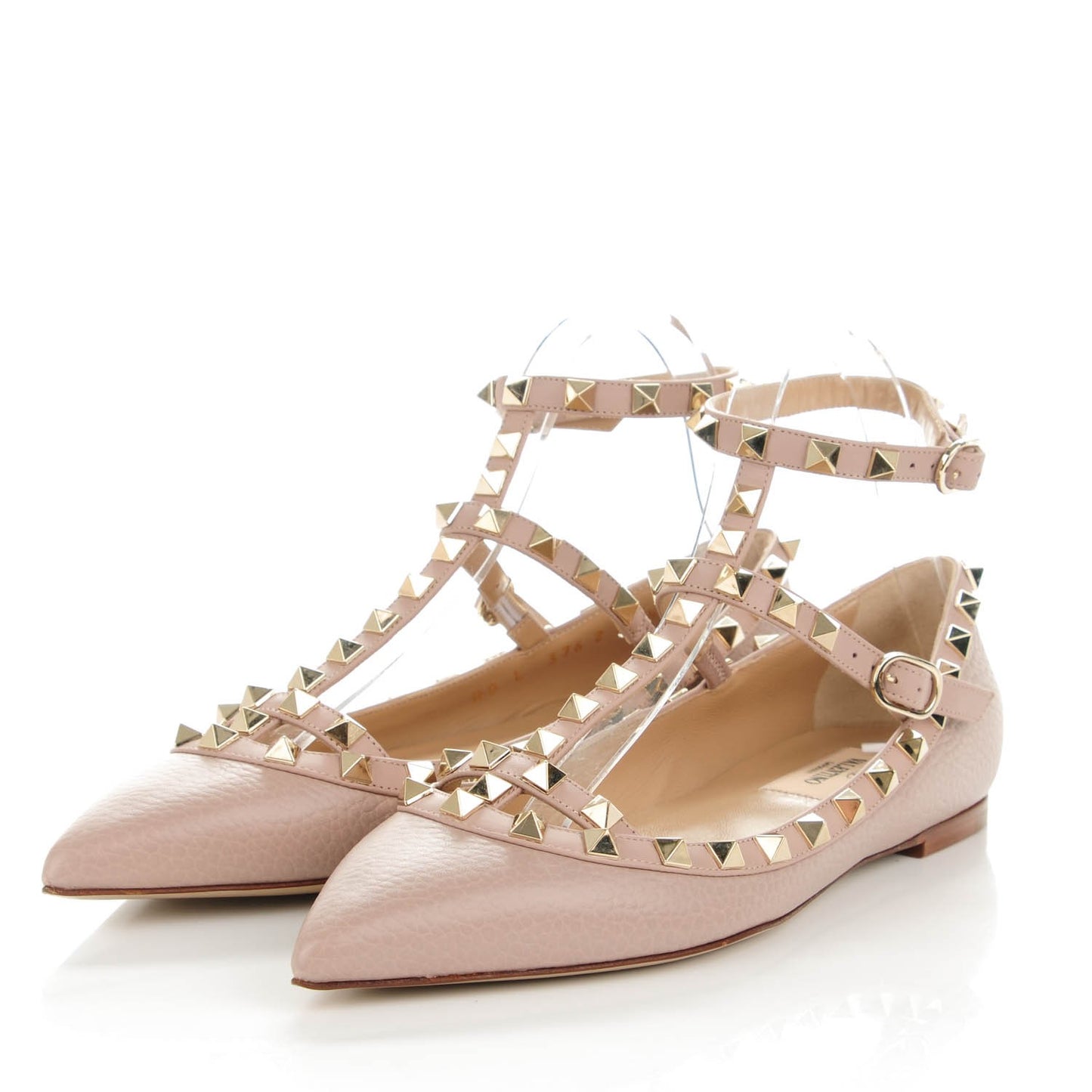 Pebbled Calfskin Rockstud Cage Ballerina Flats 36.5 Poudre