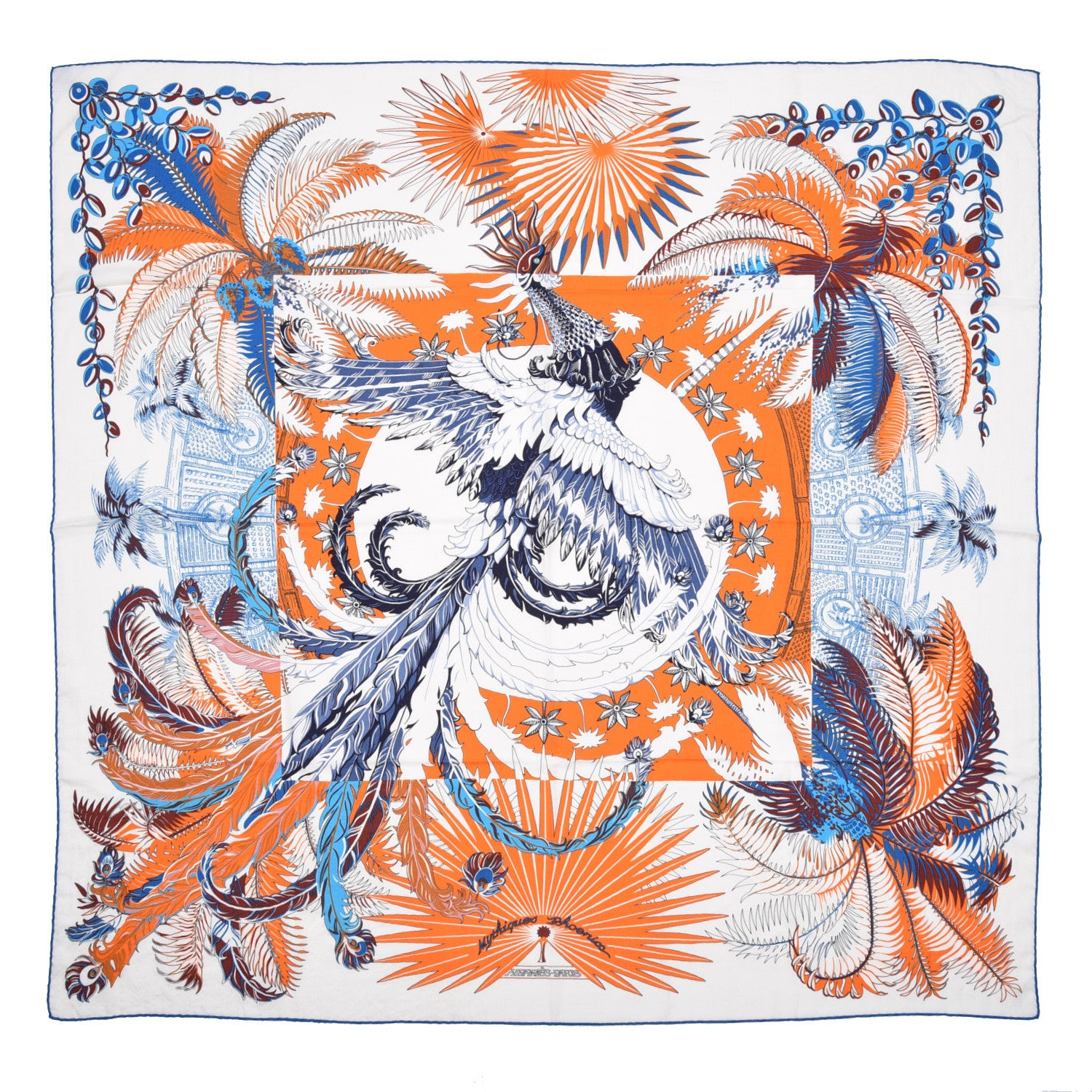 Hermes Cashmere Silk Mythiques Phoenix Coloriage Shawl 140 Blanc Orange Bleu 1 of 7