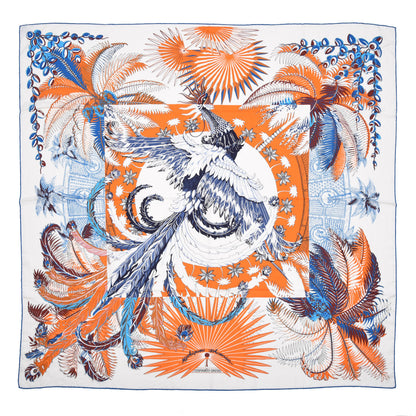 Hermes Cashmere Silk Mythiques Phoenix Coloriage Shawl 140 Blanc Orange Bleu 1 of 7