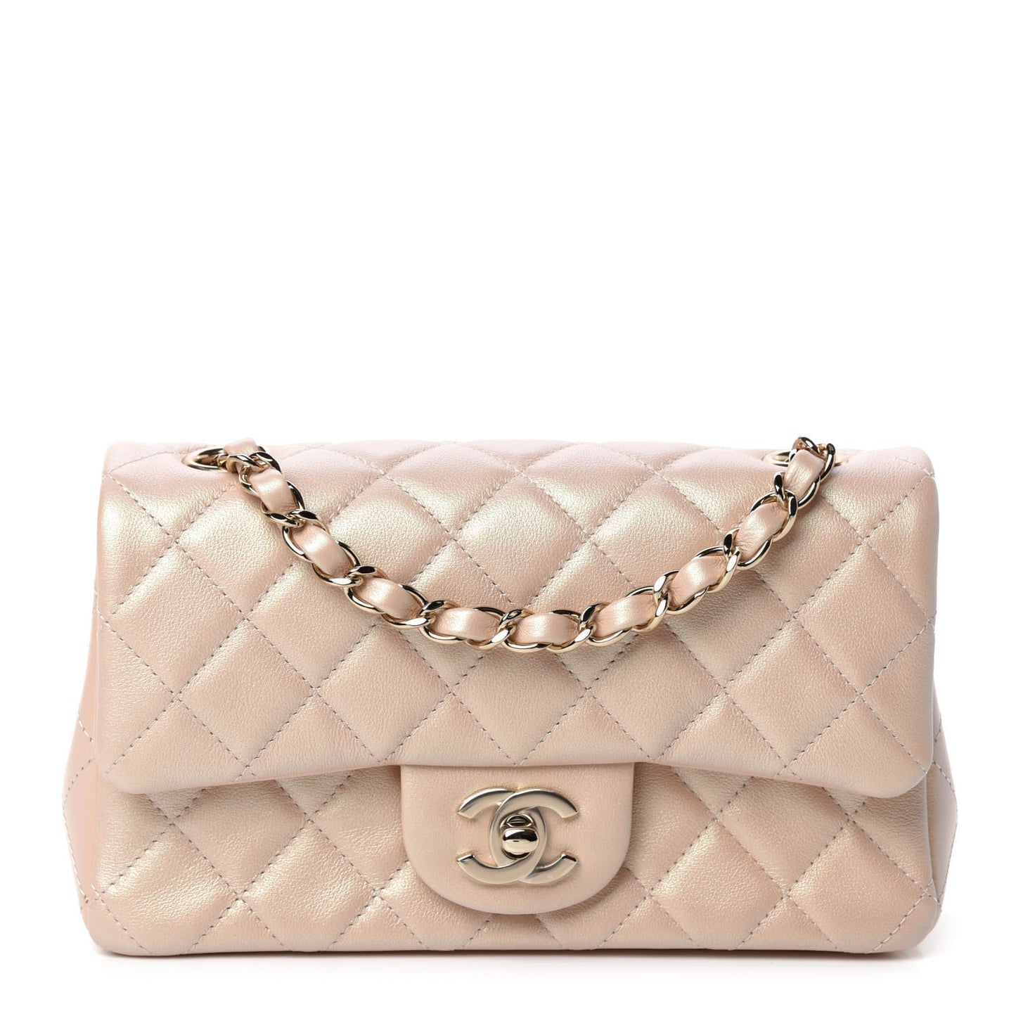 Iridescent Calfskin Quilted Mini Rectangular Flap Beige