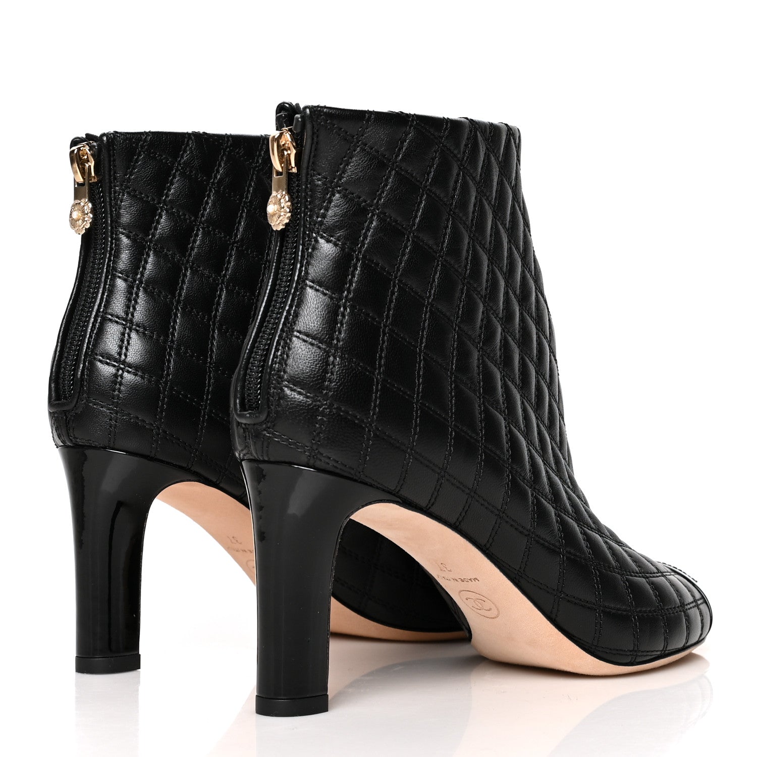 Chanel Lambskin Patent Quilted CC Cap Toe Booties 37 Black 4 of 8