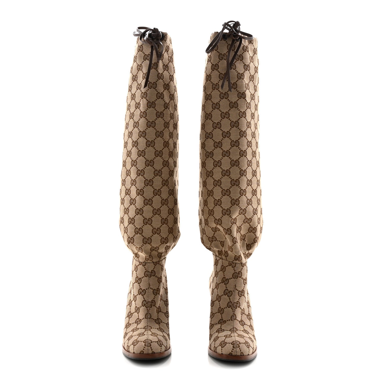 Gucci Monogram Malaga Kid Lisa Mid Heel Boots 37 Beige Ebony 2 of 10