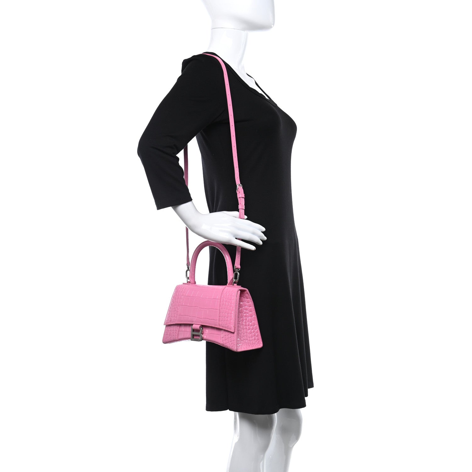Balenciaga Shiny Calfskin Crocodile Embossed Small Hourglass Top Handle Bag Baby Pink 1 of 9