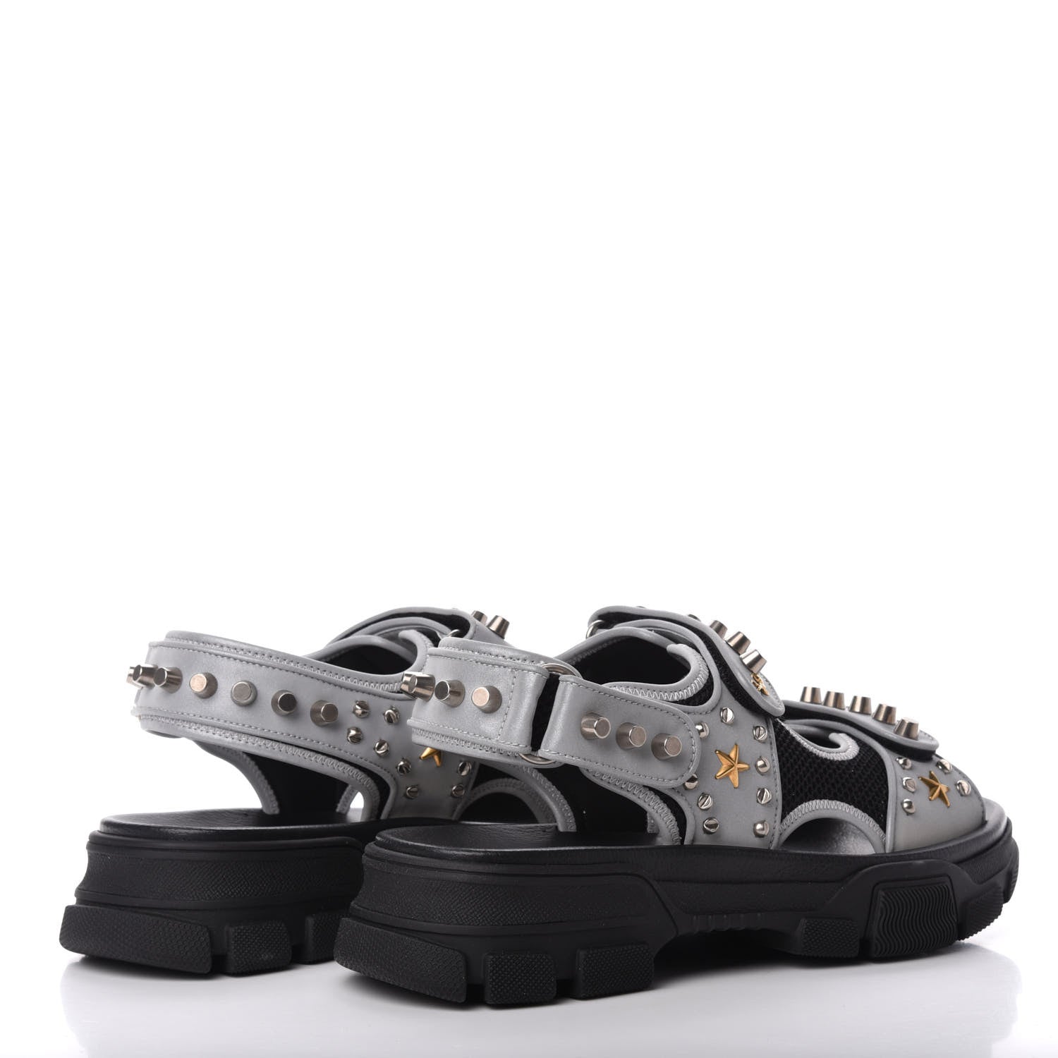 Gucci Technical Canvas Calfskin Reflective Studded Mens Aguru Sandals 9 Silver Black 4 of 8