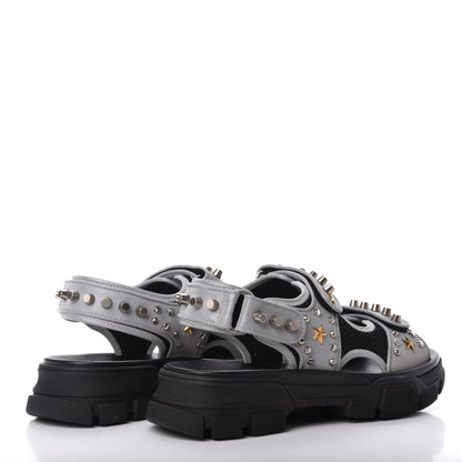 Gucci Technical Canvas Calfskin Reflective Studded Mens Aguru Sandals 9 Silver Black 4 of 8