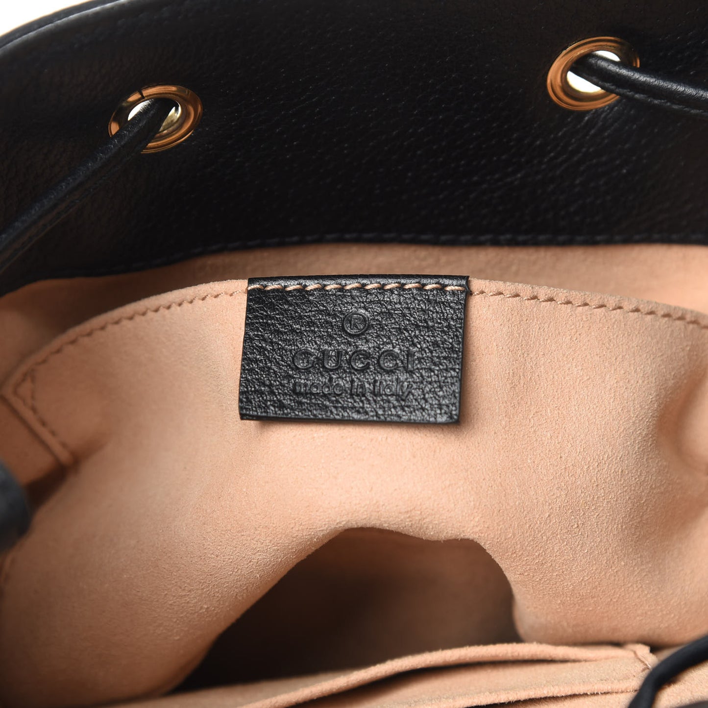 Glazed Textured Calfskin Web Small Ophidia Bucket Bag Black