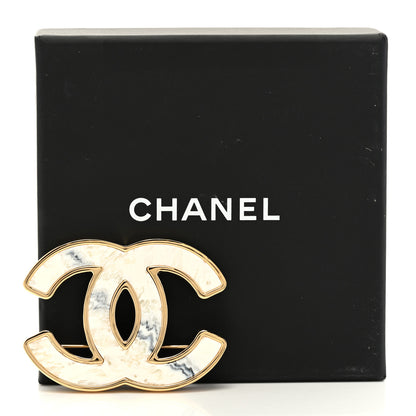 Chanel Metal Resin CC Brooch Gold White Gray 5 of 5