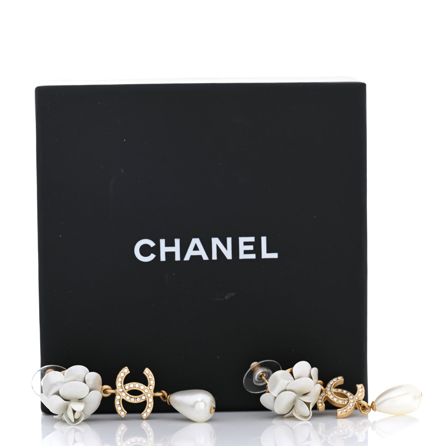 Metal Crystal Pearl 90s Camellia CC Drop Earrings Gold