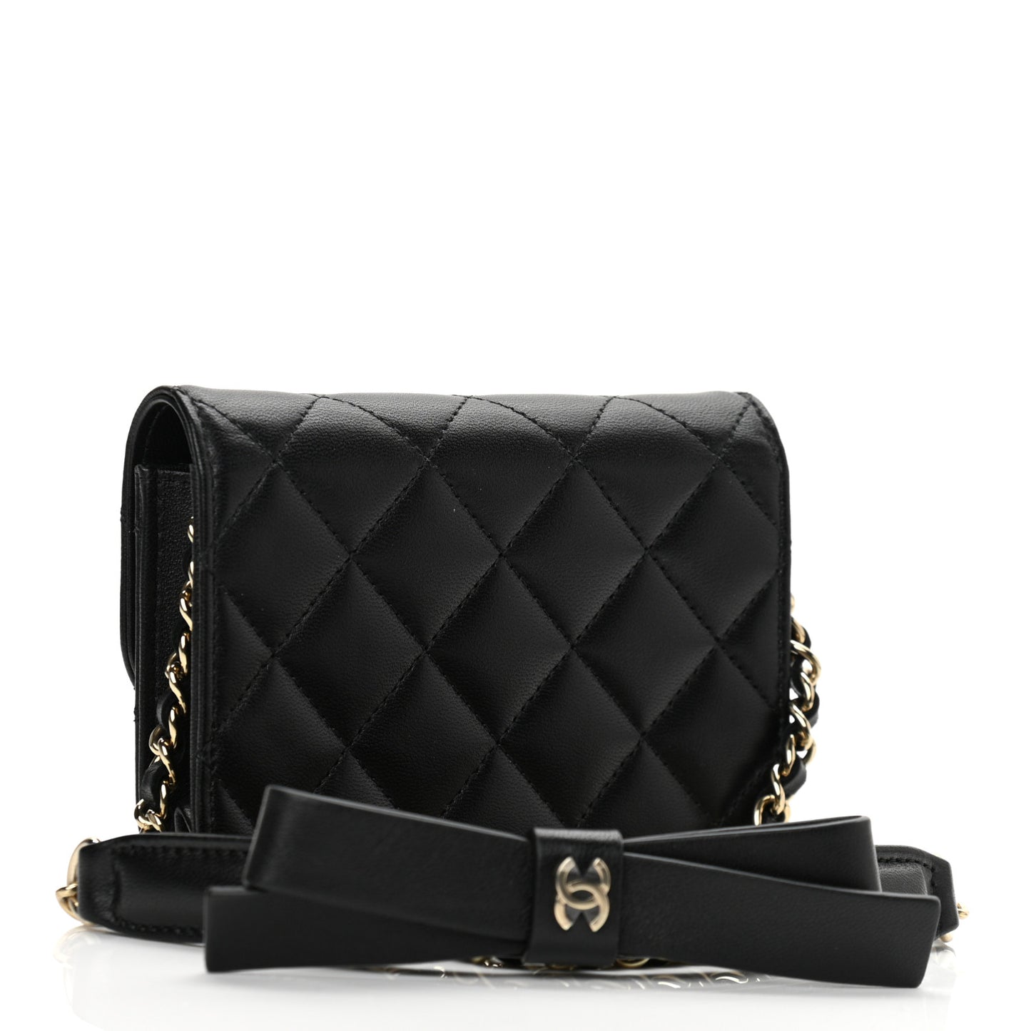 Lambskin Quilted Mini Coco Bow Clutch With Chain Black